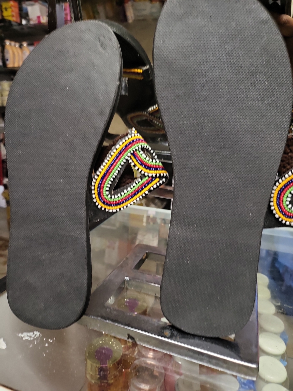 African Maasai Beaded Black Leather Sandals with Multicolor Beadwork Size 11 - Picture 6 of 7
